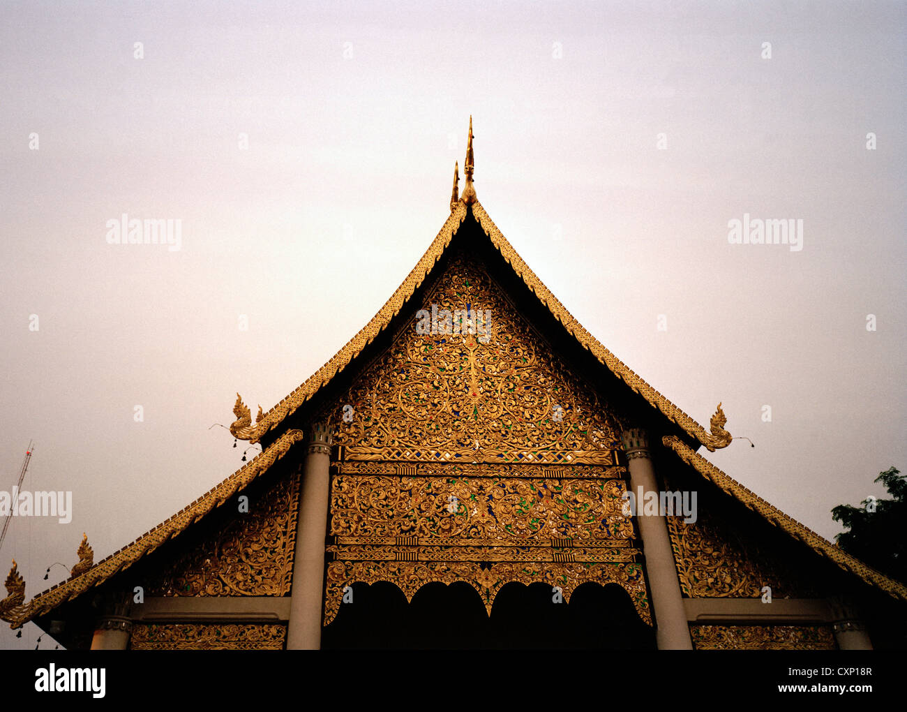 Wat Chedi Luang in Chiang Mai in Thailand in Fernost Südostasien. Buddhismus buddhistische Architektur Religion Geschichte historische Reisen Nacht Sonnenuntergang Stockfoto