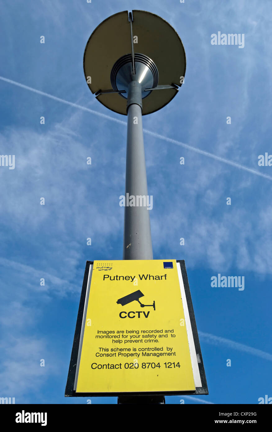 CCTV-Warnung Zeichen, Putney Wharf, Putney, Südwesten von London, england Stockfoto