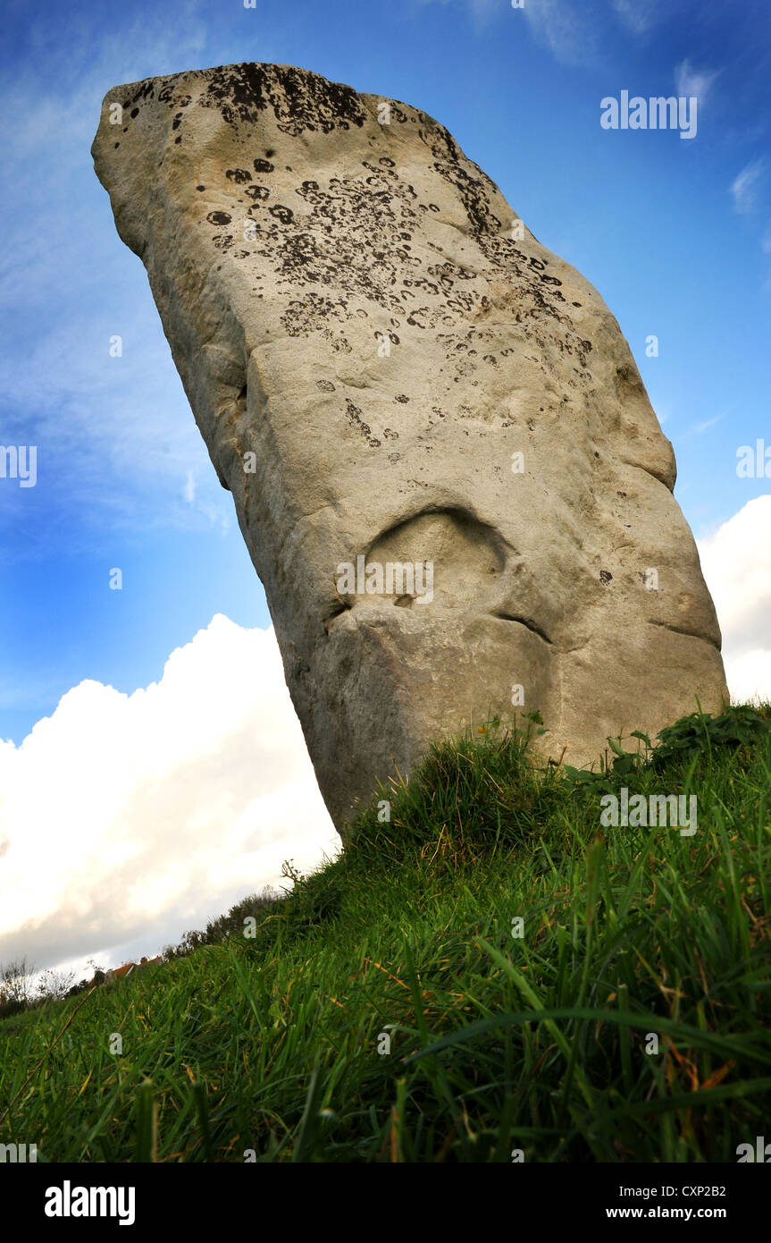 Ein einzelner Menhir - Teil eines historischen Denkmals befindet sich in Wiese von unten gesehen Stockfoto