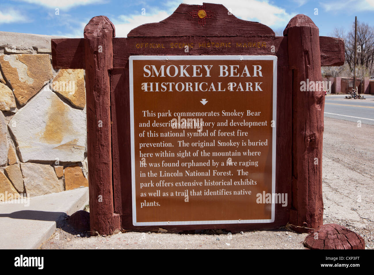 Smokey Bär Historical Park landschaftlich Marker, Capitan, New Mexico Stockfoto