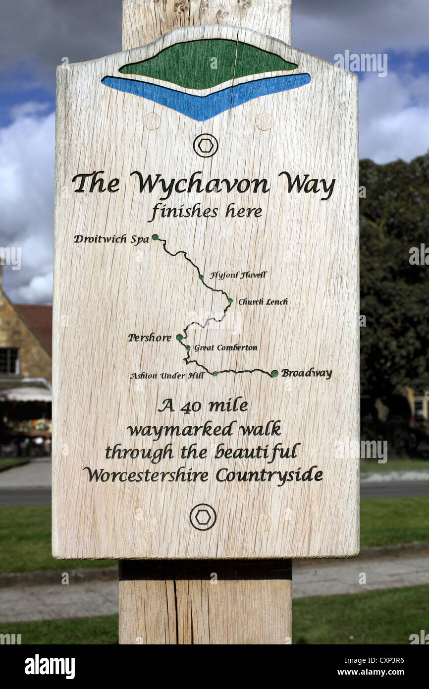 Schematische Darstellung der Route der Wychavon Weg vom Broadway zu Droitwich auf einem Wegweiser in Broadway, Gloucestershire. Stockfoto