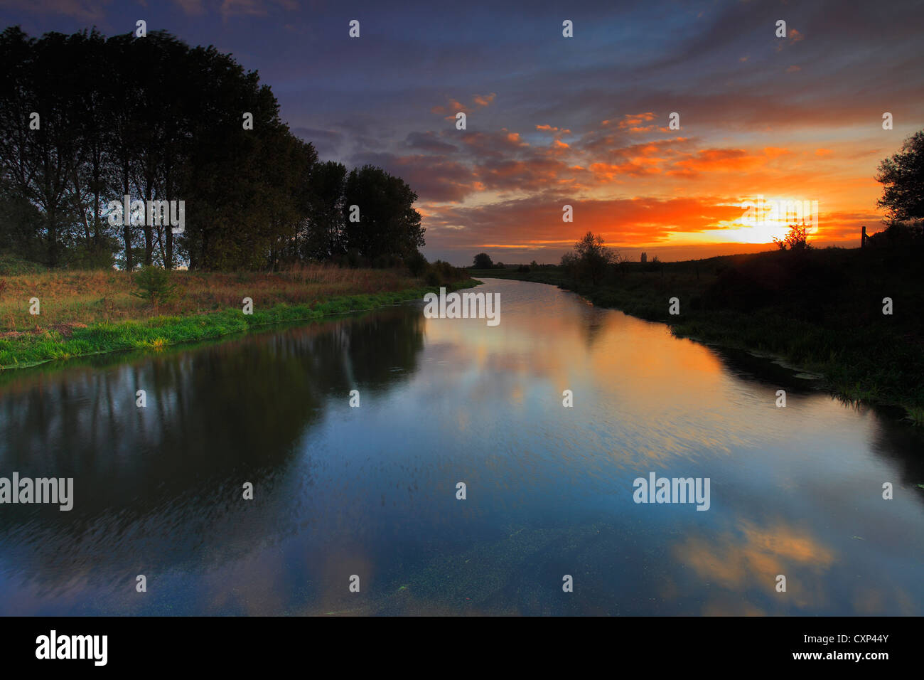 Sonnenaufgang, Fenalnd Abfluss Wasserstraße, Cambridgeshire, England, UK Stockfoto