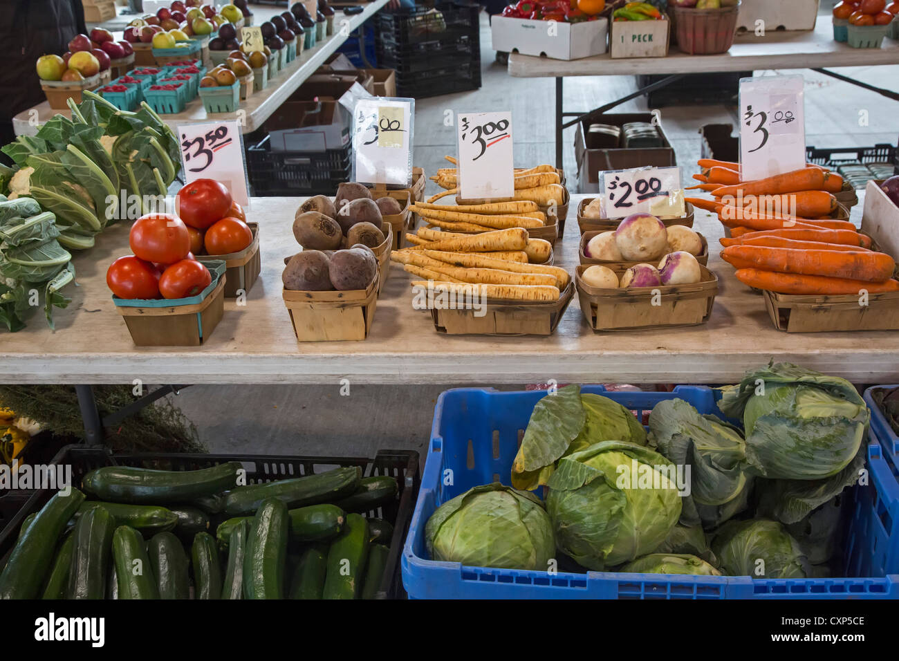 Detroit, Michigan - Gemüse zum Verkauf an osteuropäischen Markt, ein großer Bauernmarkt nahe der Innenstadt von Detroit. Stockfoto