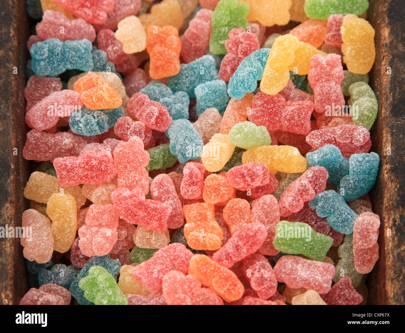Nahaufnahme Bild einer Gruppe von Zucker beschichtete Gummibärchen. Stockfoto