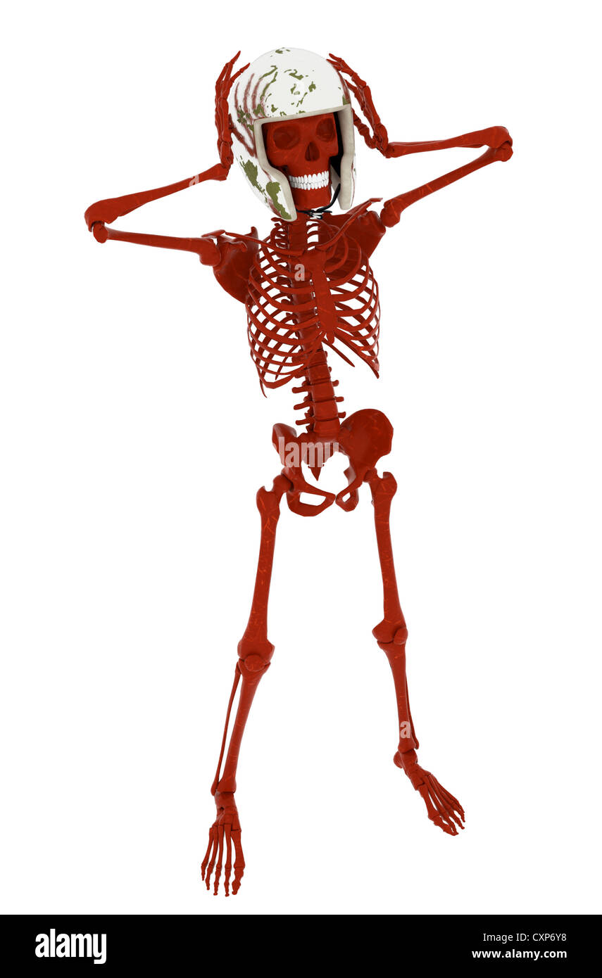 Menschliches Skelett mit Spiegel wie Absturz/Schutz Helm auf Schädel mit Händen und Armen halten, anziehen, ausziehen Helm Stockfoto