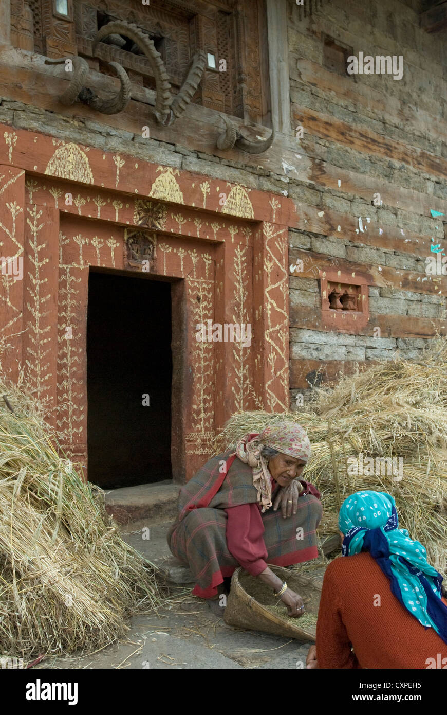 Zwei Frauen sprechen, da sie die Weizenernte in Aleo Dorf, Manali, Nordindien verarbeiten Stockfoto