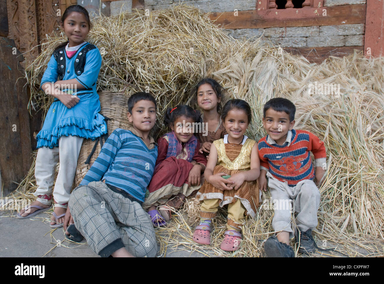 Kinder stellen nach der Weizenernte in Aleo Dorf, Manali, Nordindien Stockfoto
