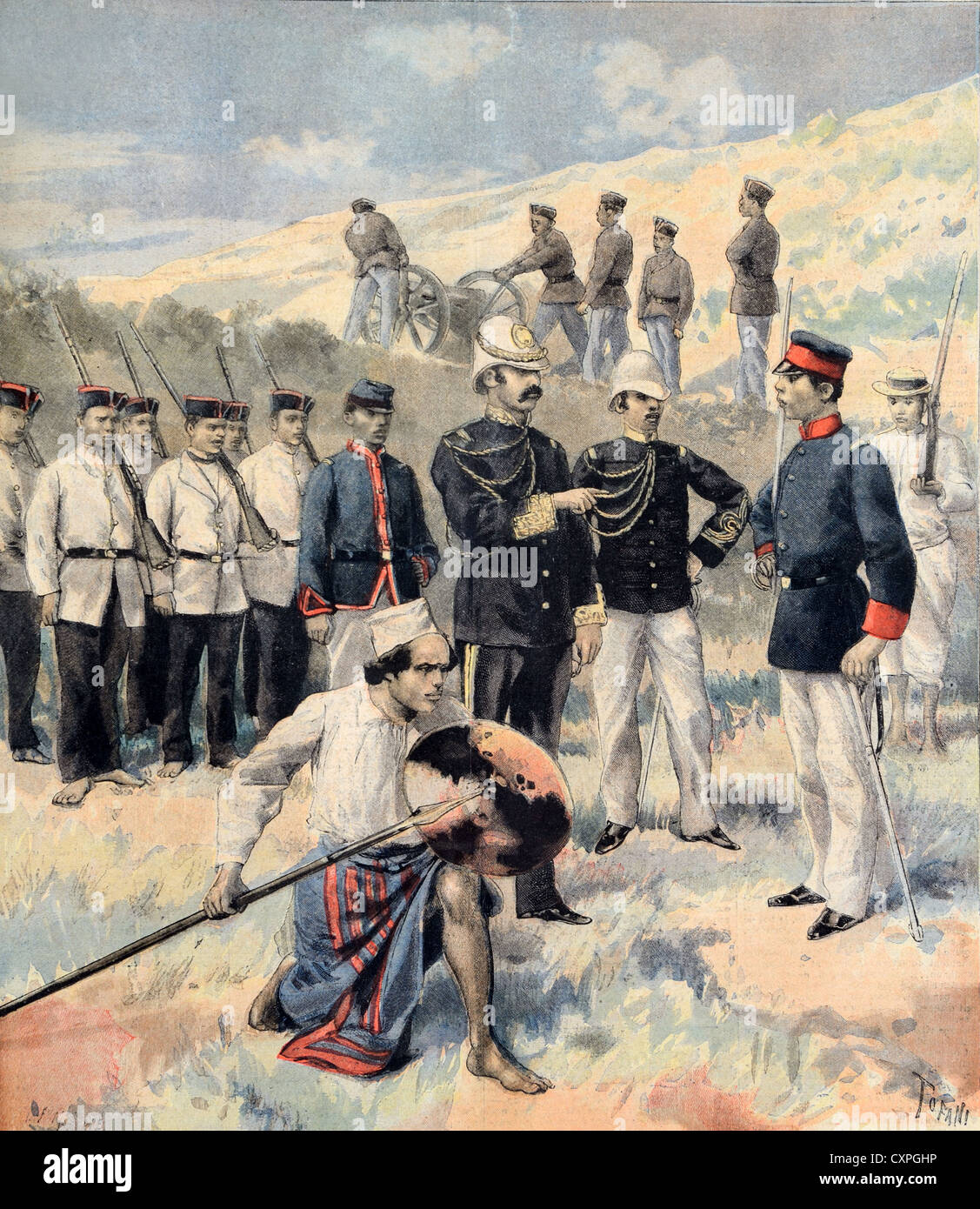 Hova Army oder Colonial Malagasy oder Madagaskarararararararmee wird von französischen Kolonialoffizieren ausgebildet Madagaskar (1895) Vintage Illustration oder Old Engraving Stockfoto