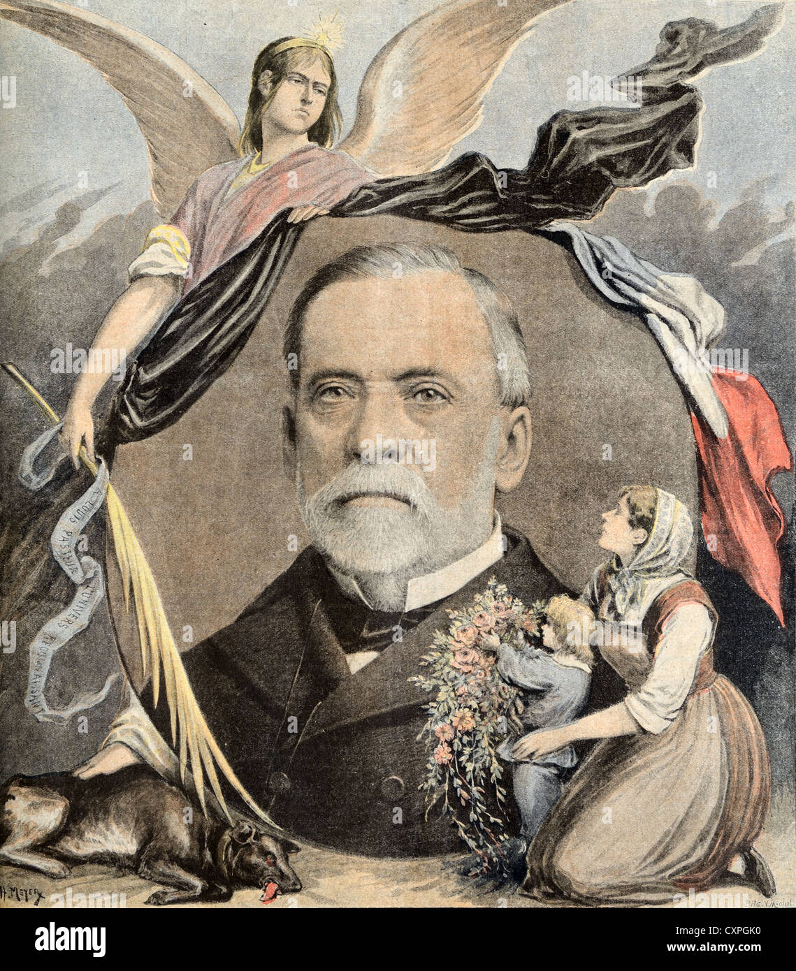 Portrait von Louis Pasteur (1822-1895) Französischer Biologe, Mikrobiologe & Chemiker & Patriotische Symbole der französischen Identität. Vintage Illustration oder Old Engraving Stockfoto