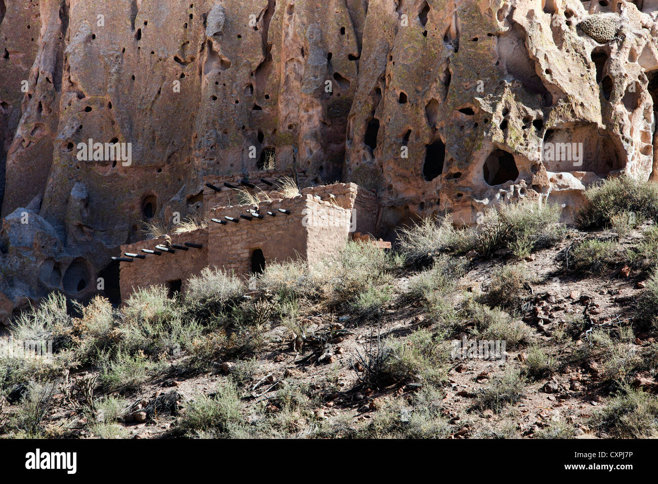 Uralte Pueblo Behausungen im Bandelier National Monument, New Mexico Stockfoto