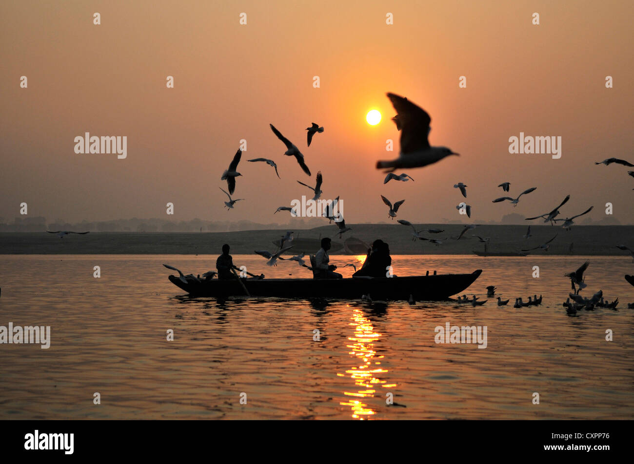 Asien Indien Uttar Pradesh Varanasi oder Benares Dawn auf dem Fluss Ganges Stockfoto
