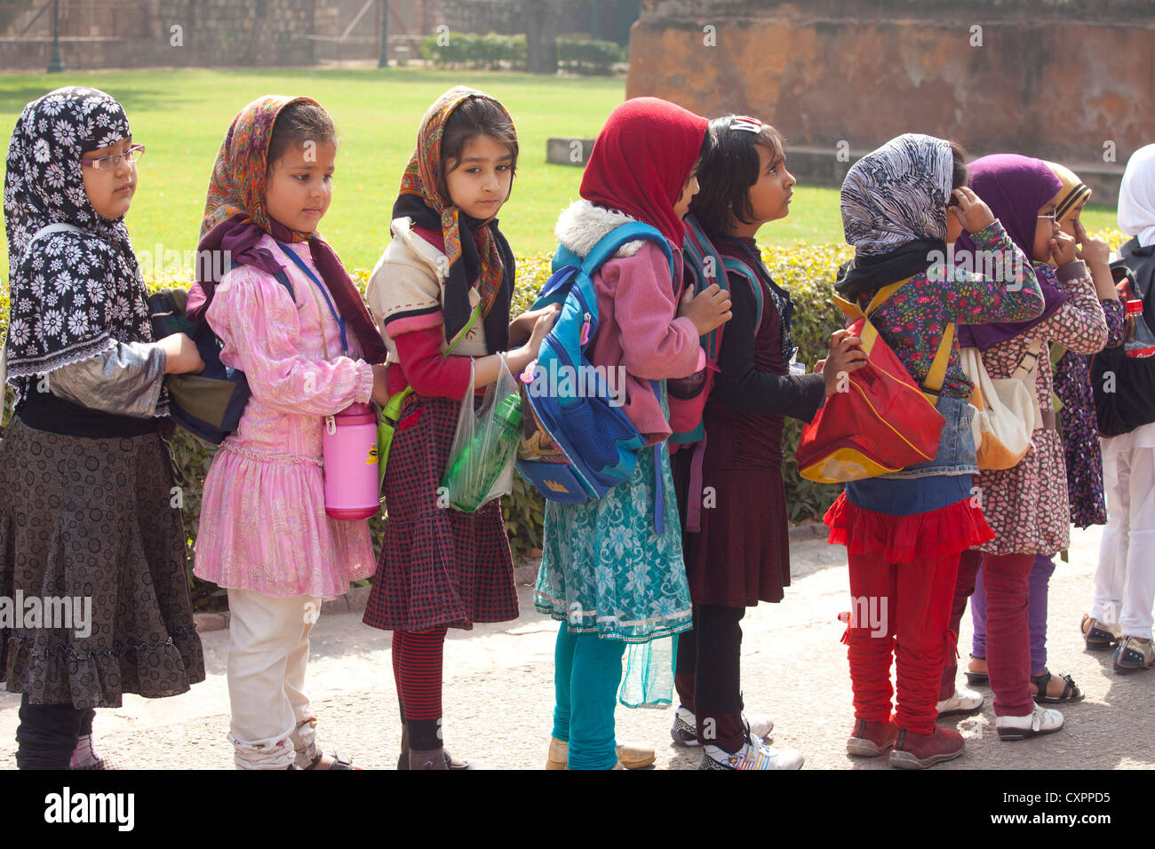 Muslimische SchülerInnen auf einen kulturellen Ausflug, Delhi, Indien Stockfoto