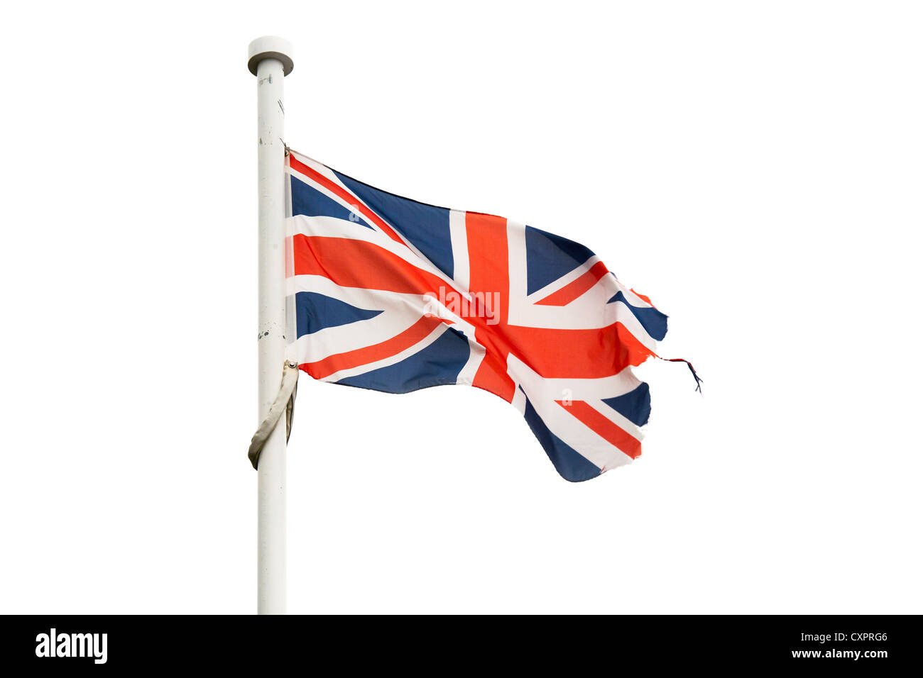 Zerlumpt und ausgefranste Anschluß-Markierungsfahne (Union Jack) rein weißem (ausgeschnitten) Hintergrund Stockfoto