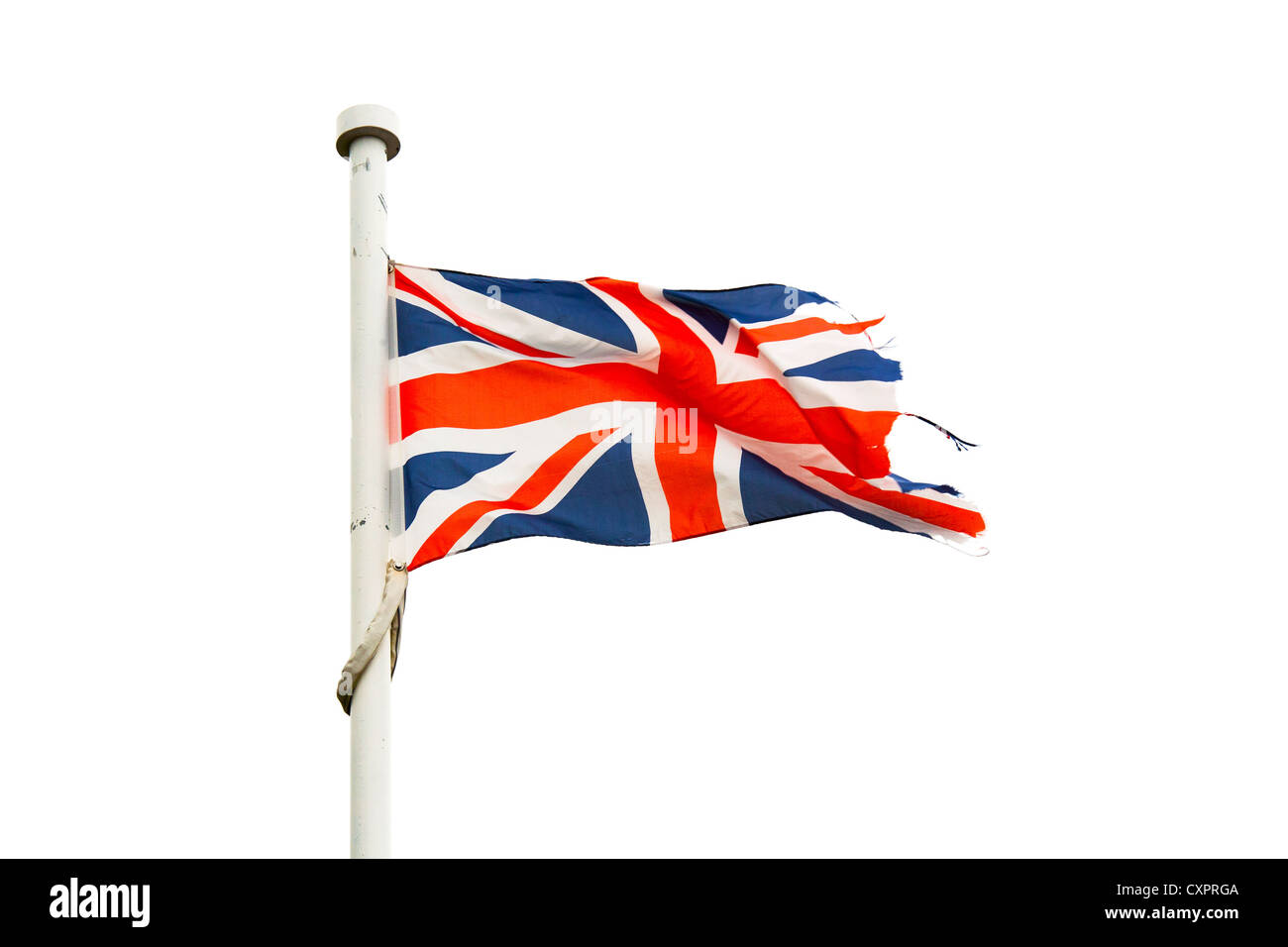 Zerlumpt und ausgefranste Anschluß-Markierungsfahne (Union Jack) rein weißem (ausgeschnitten) Hintergrund Stockfoto