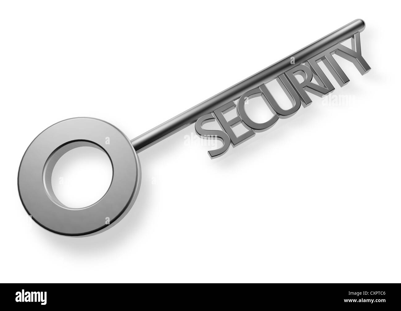 3D Rendern eines silbernen Schlüssels mit dem Wort Sicherheit - Konzept Bild Stockfoto