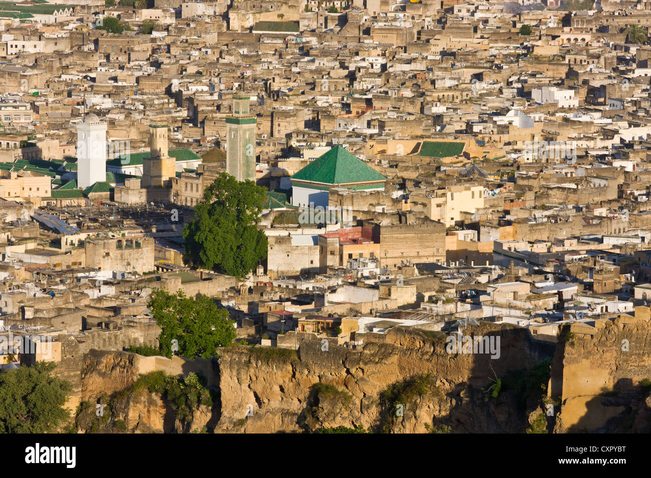 Stadtbild der Altstadt dominiert den grünen Dächern Qarawiyin-Moschee (auch Islamische Universität), Fes, Marokko Stockfoto