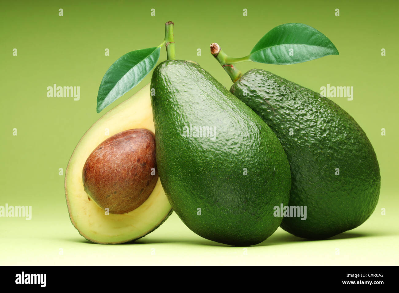 Avocado auf einem grünen Hintergrund isoliert. Stockfoto