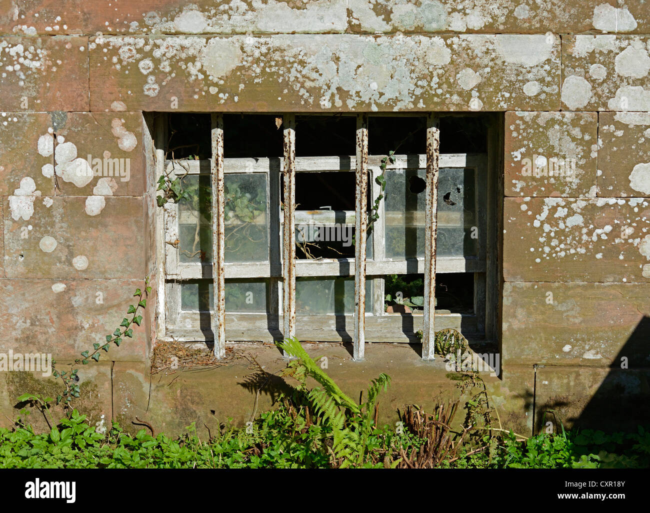 Vergittertes Fenster. Hoher Kopf Burgruine (Detail). Ivegill, Cumbria, England, Vereinigtes Königreich, Europa. Stockfoto