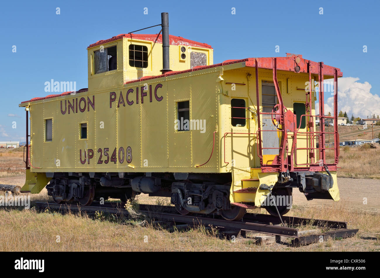 Ausrangierte Union Pacific Railway-Lokomotive, die größte US-Railroad Frachtgesellschaft Walden, staatliche Straße 125, Colorado, USA Stockfoto
