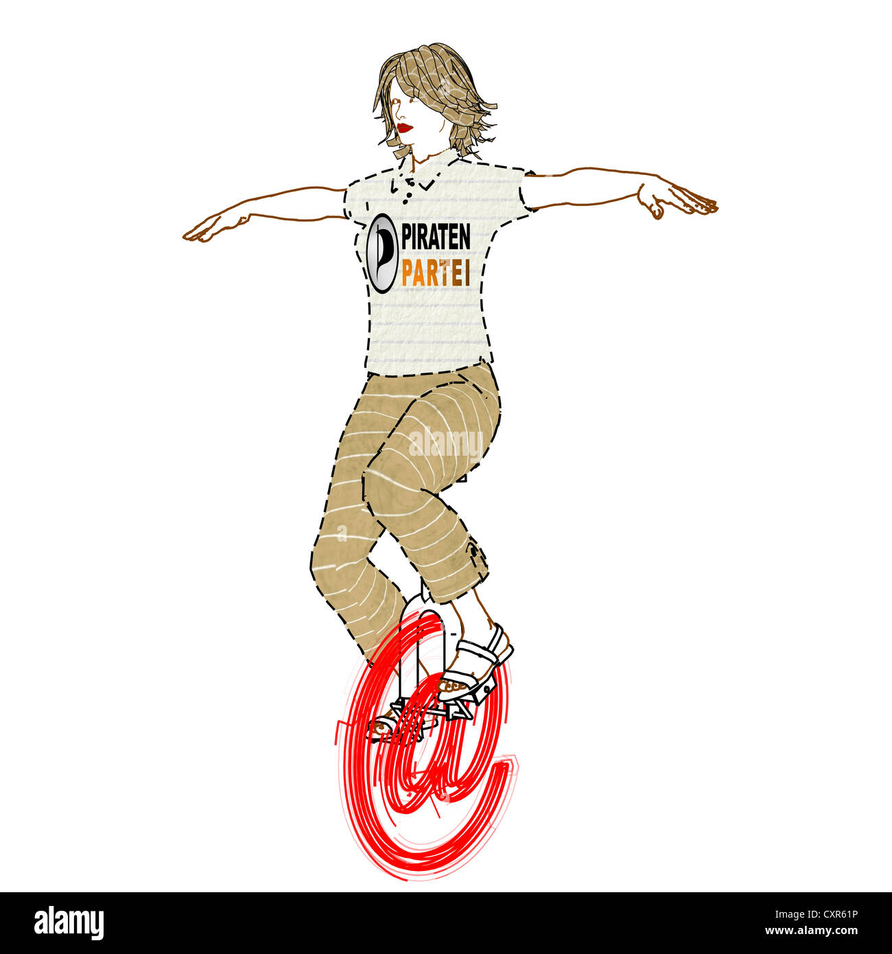 Frau in einem T-shirt mit einem Logo der Piratenpartei Einradfahren in Form eines 'at'-Symbols, symbolisches Bild Stockfoto
