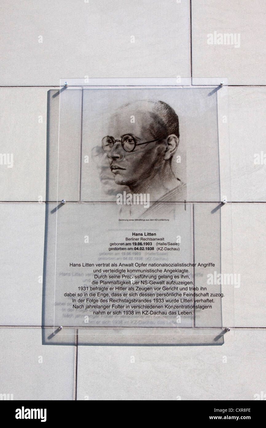 Gedenktafel für Hans Litten am Landgericht Berlin, Rechtsanwalt und Strafverteidiger ermordet 1938 bei der Stockfoto