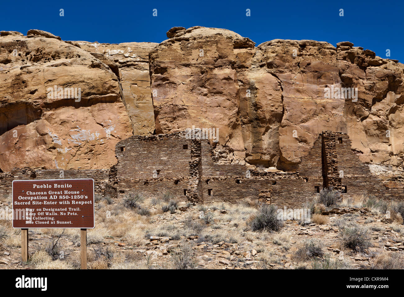 Chaco, National Heritage Park, Pueblo Bonito Marker Zeichen, archäologische Ruine Standort, New Mexico Stockfoto