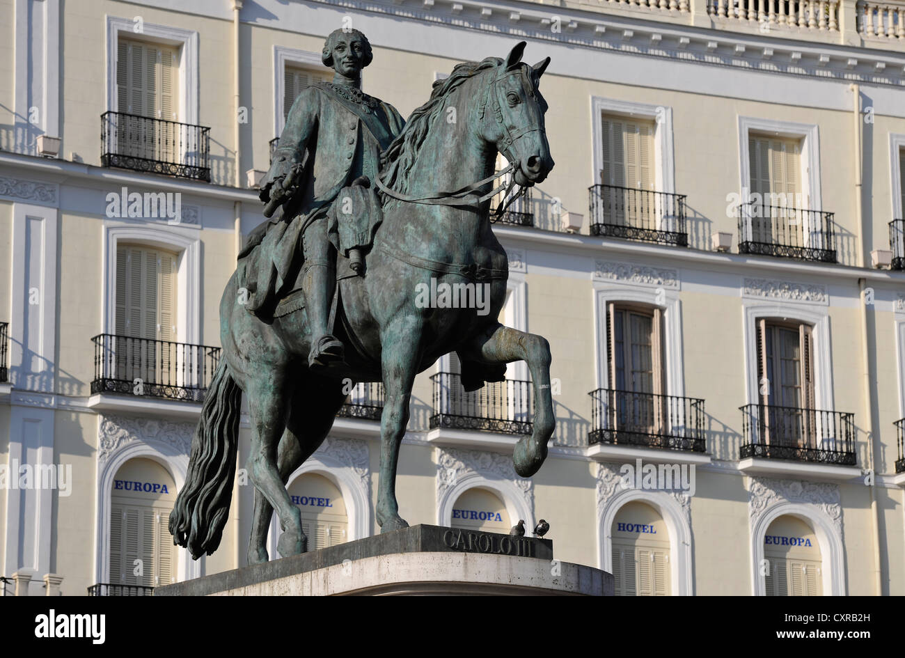 Reiterstandbild, Denkmal für König Carlos III, Plaza Puerta del Sol Platz, Madrid, Spanien, Europa, PublicGround Stockfoto