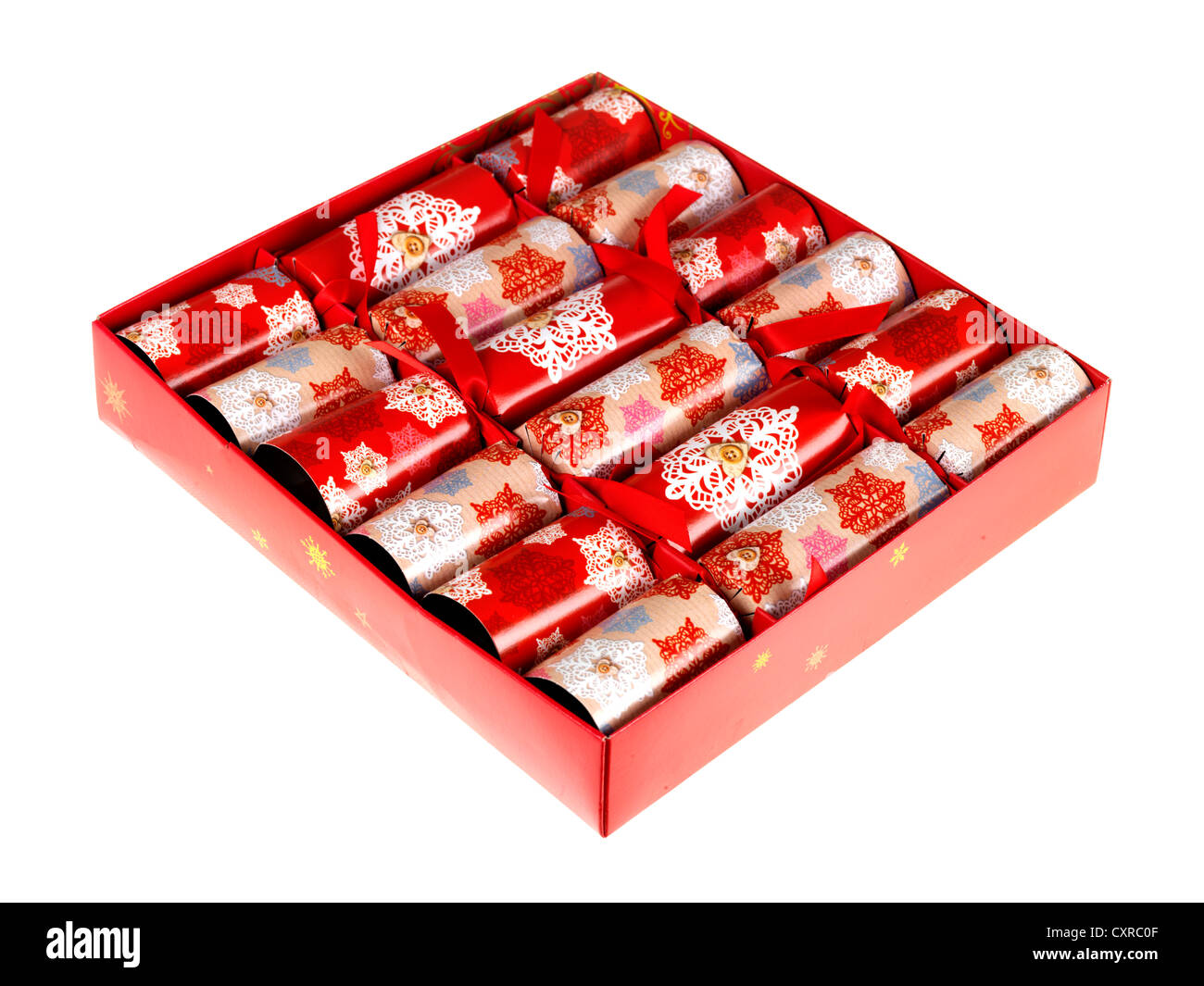 Box mit Sechs farbenfrohe Festliche Neuheit Knallbonbons, vor einem weißen Hintergrund isoliert, mit Freistellungspfaden und keine Leute Stockfoto