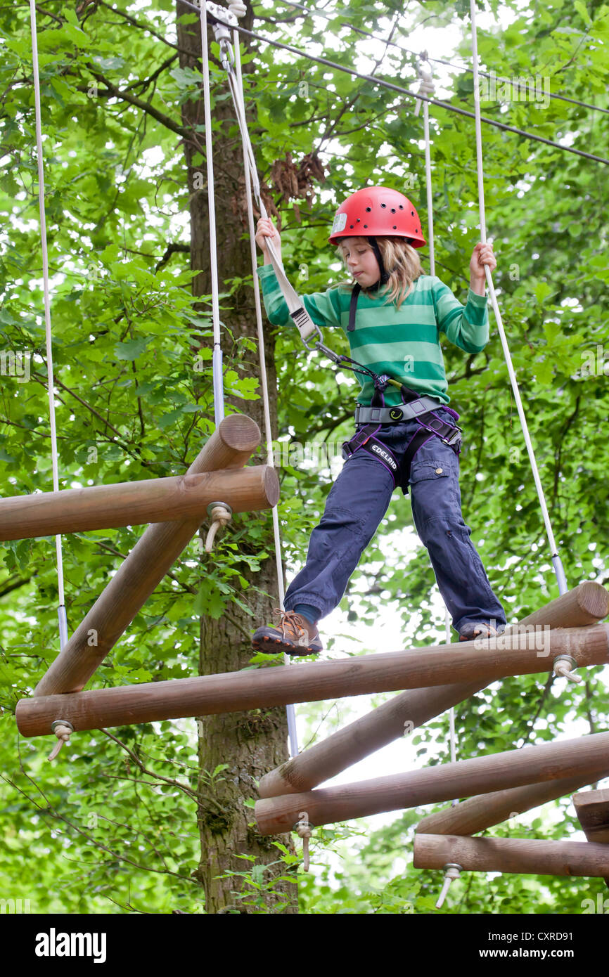 Mädchen, 8 Jahre, Klettern im Hochseilgarten, Hochseilgarten, Straubing, Bayern, Deutschland, Europa Stockfoto