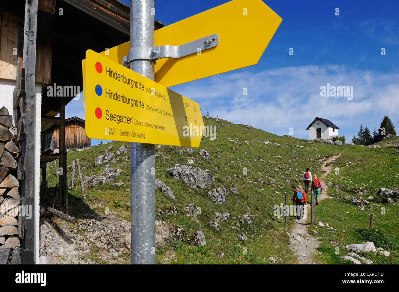 Wegweiser, weibliche Wanderer zu Fuß auf der Eggenalm Alp, Grenzgebiet zwischen Waidring, Tirol, Österreich, und Reit Im Winkl, Chiemgau Stockfoto
