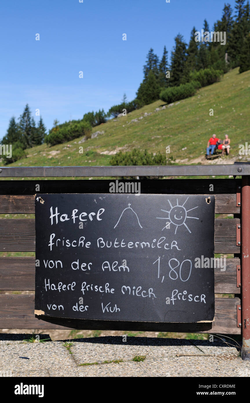 Brett, Getränkekarte, Duerrnbachhorn Bergstation, Reit Im Winkl, Chiemgau, Bayern, Deutschland, Europa Stockfoto