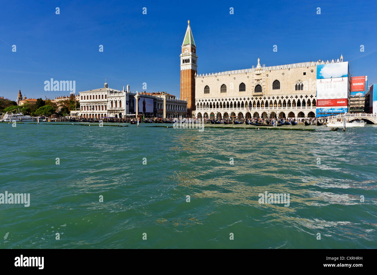 Blick auf die Piazza San Marco, Markusplatz entfernt vom Wasser mit dem Glockenturm und der Dogenpalast, Venedig, Venezia Stockfoto