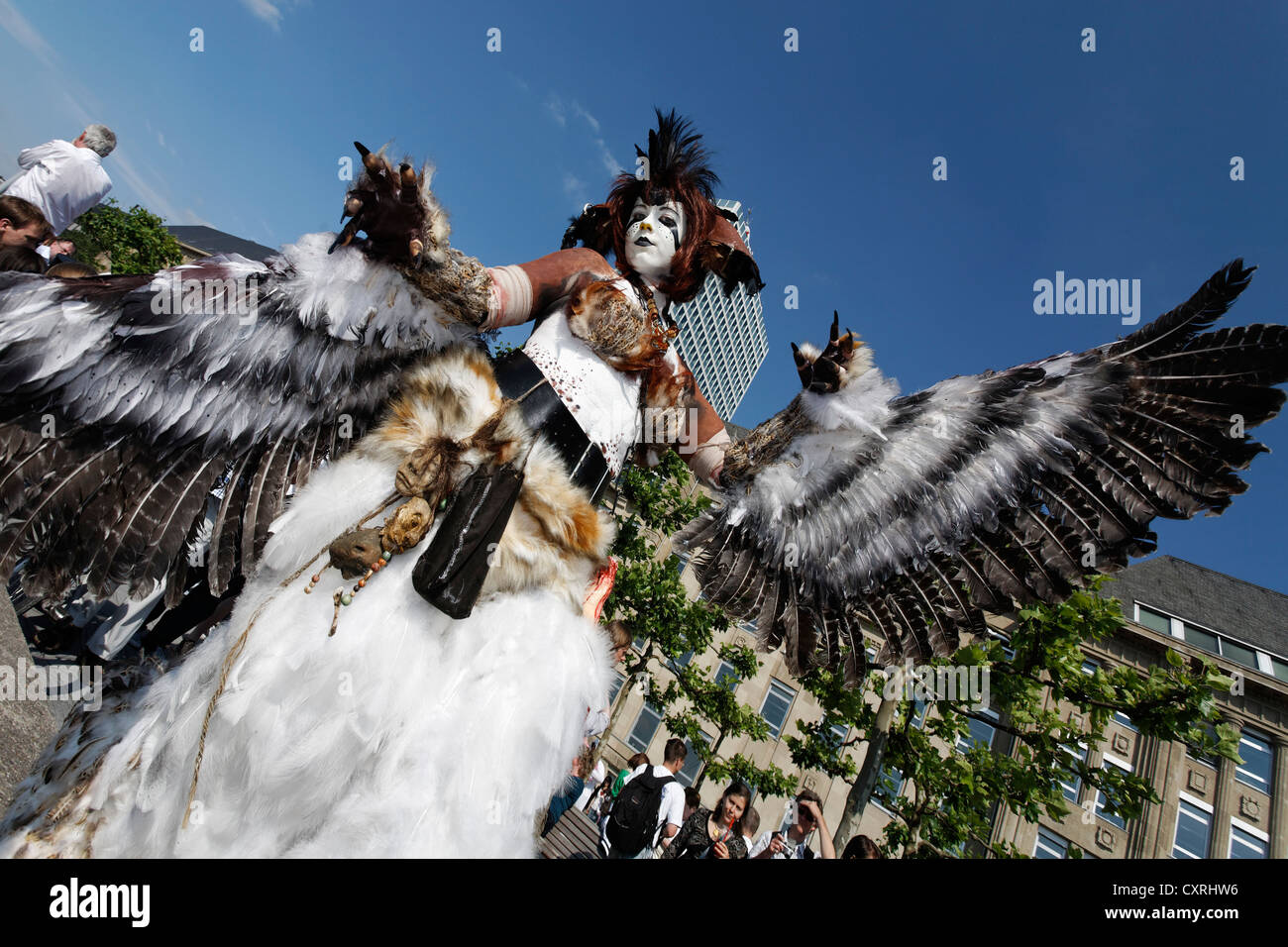Cosplayer gekleidet wie ein Raubvogel mit Flügeln aus Federn, Japan Tag, Düsseldorf, Nordrhein-Westfalen Stockfoto