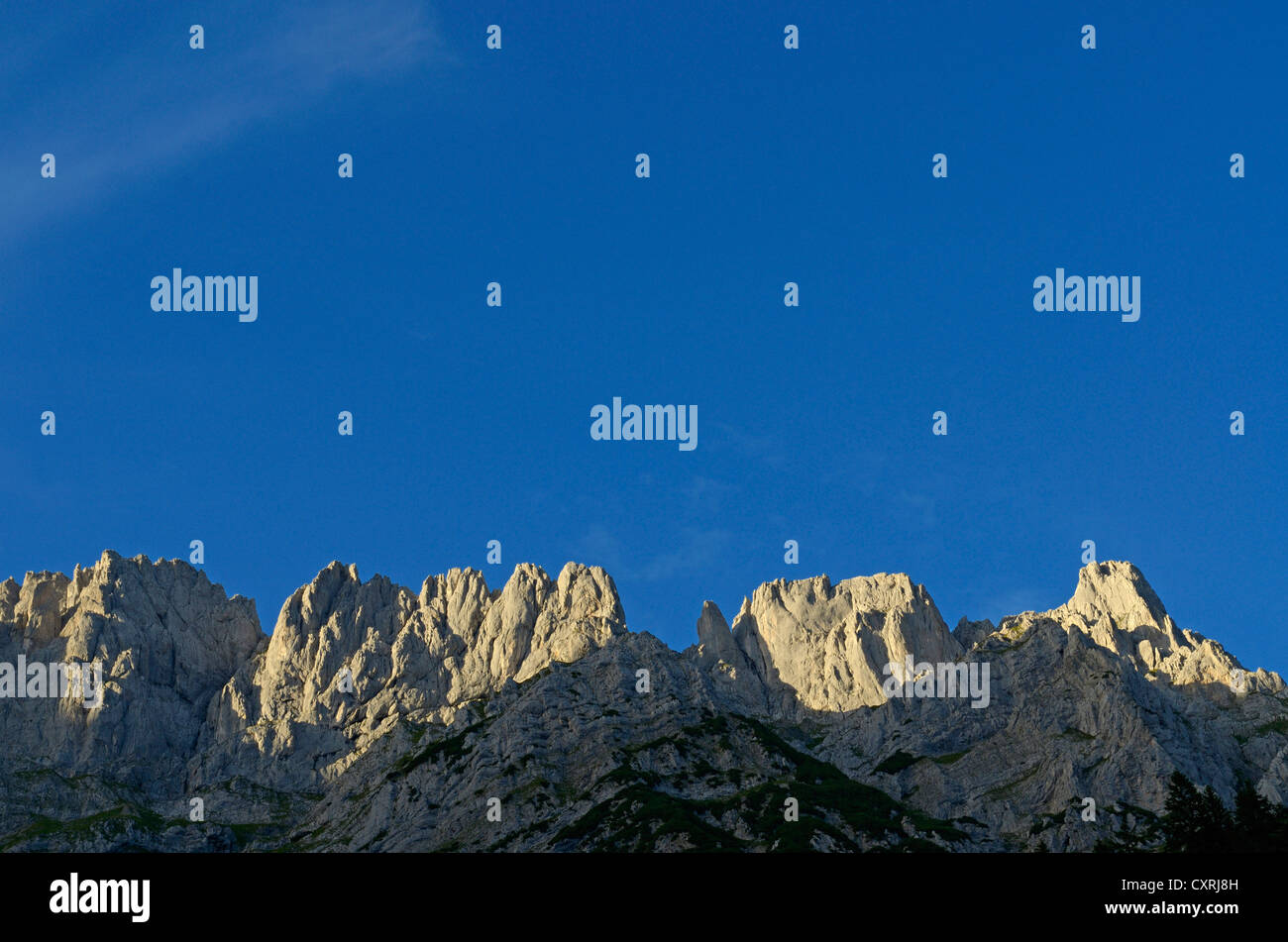 Goinger Halt, Regalpspitze Berg, Ackerlspitze Berg, Panorama des Wilden Kaiser Mountain aus gesehen Stockfoto