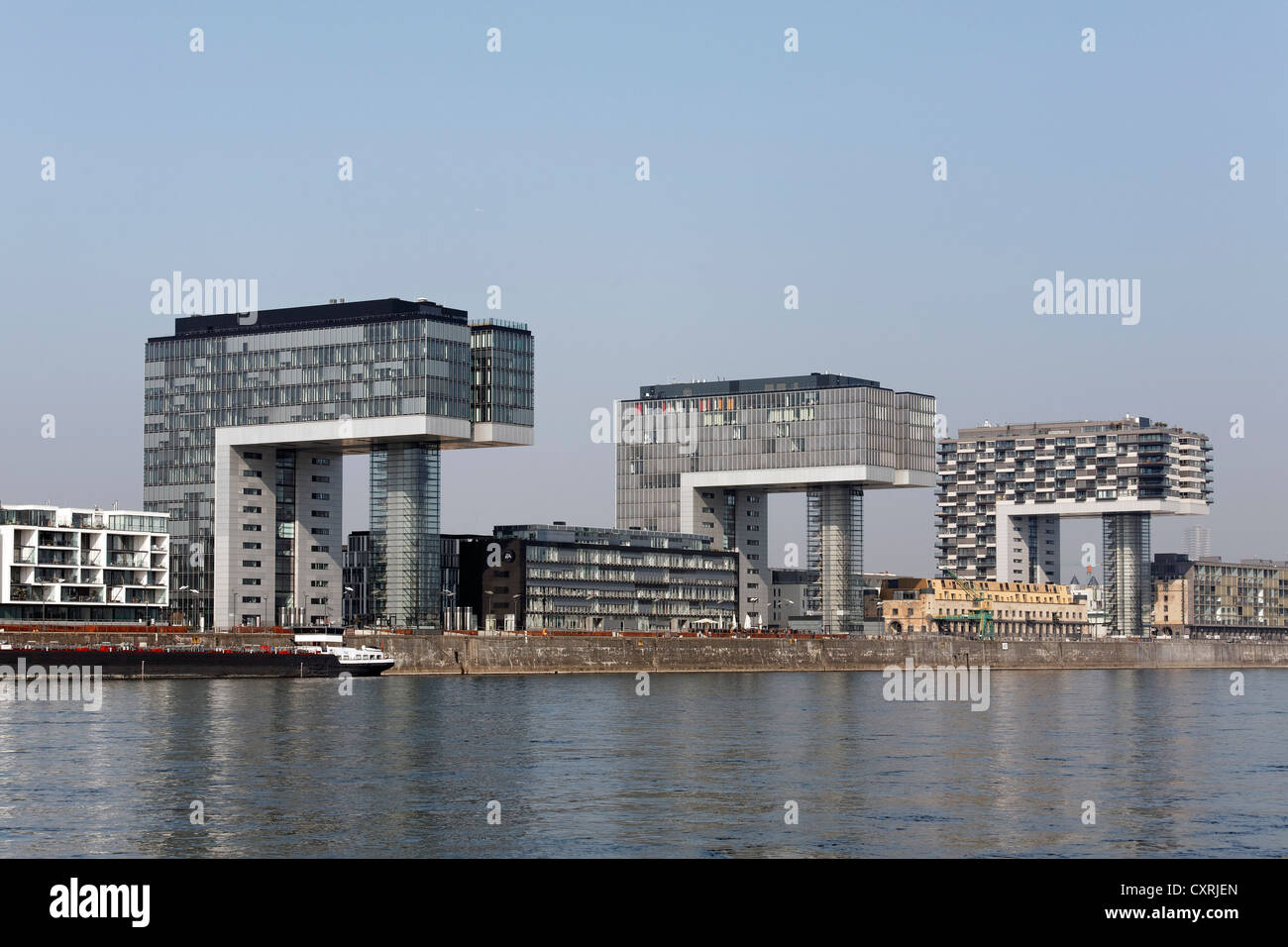 Kranhaeuser Gebäude auf dem Rhein, gesehen vom Deutzer Rheinufer, Rheinauhafen, Köln, Nordrhein-Westfalen Stockfoto