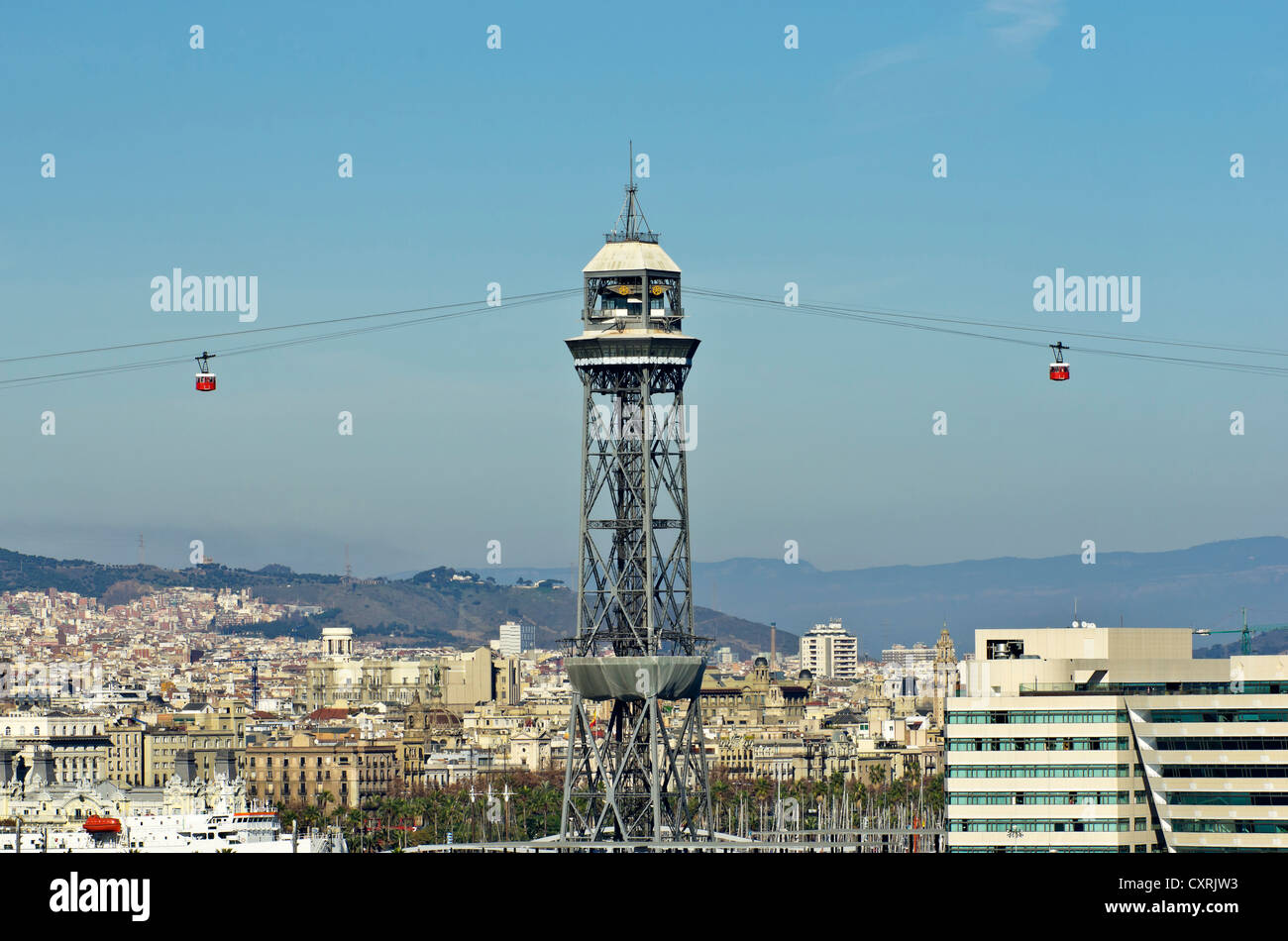 Seilbahnen zwischen Hafen und Montjuic Berg, Barcelona, Katalonien, Spanien, Europa Stockfoto