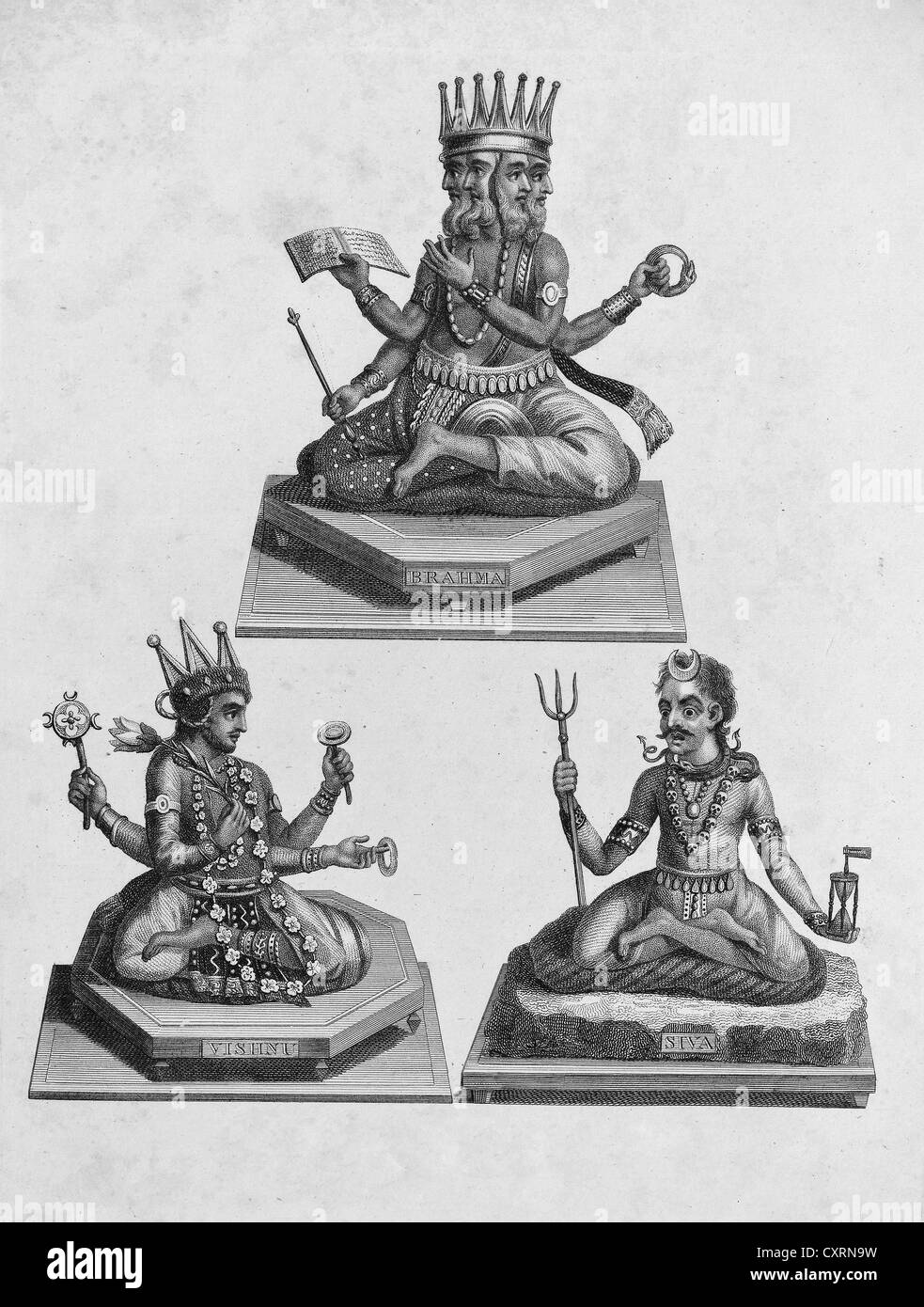 Brahma, Vishnu und Shiva, Dreifaltigkeit von Hindu-Gottheiten, Indien, Gravur, London Stockfoto