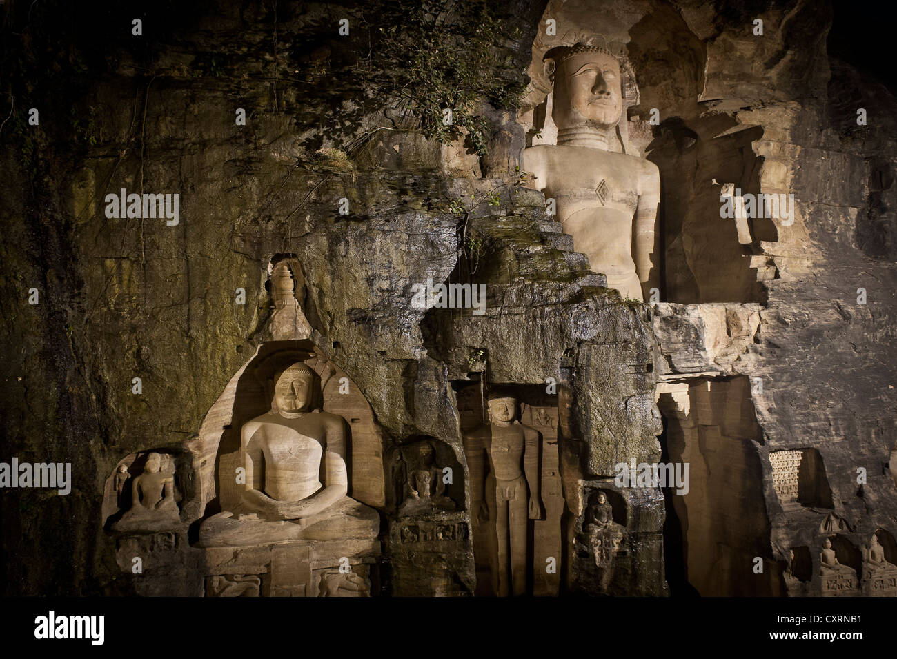 Monolithische Statuen schneiden im Fels, Jain Tirthankaras oder Thirthankaras, Gwalior, Madhya Pradesh, Indien, Asien Stockfoto