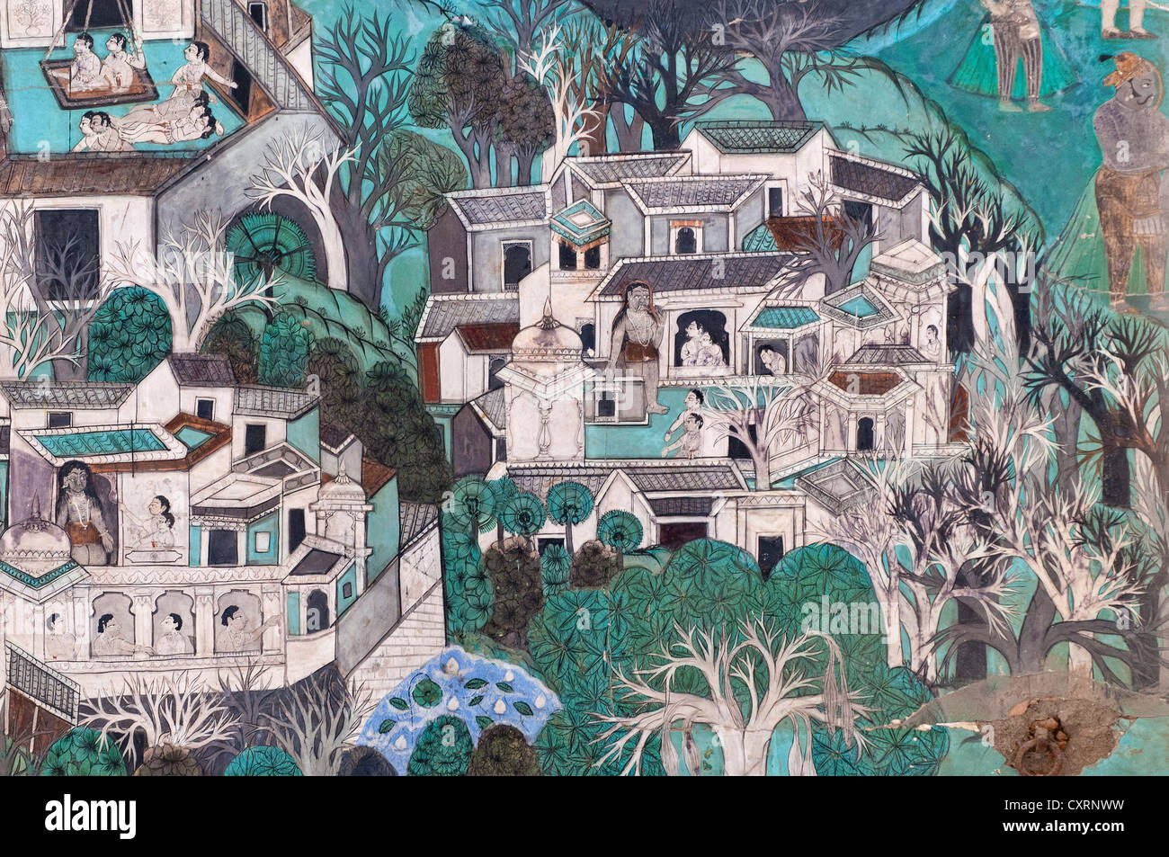 Palastarchitektur, Wandbild, Kota-Schule, alte Palast, Maharao Madho Singh Museum, Kota, Rajasthan, Indien, Asien Stockfoto