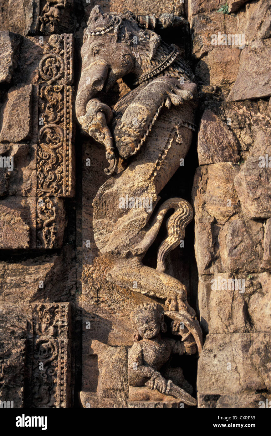 Stein-Skulptur, Fabelwesen, Hindu-Tempel, Surya oder Sonne-Bügel, UNESCO-Weltkulturerbe, Konarak oder Konark, Orissa Stockfoto