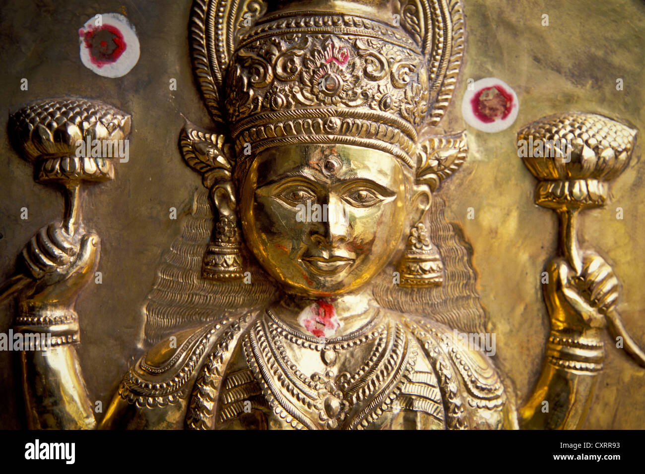 Göttin Laxmi, Detailansicht der Goldschmuck für Elefanten, Pooram Festivals, Thrissur, Kerala, Südindien, Indien, Asien Stockfoto