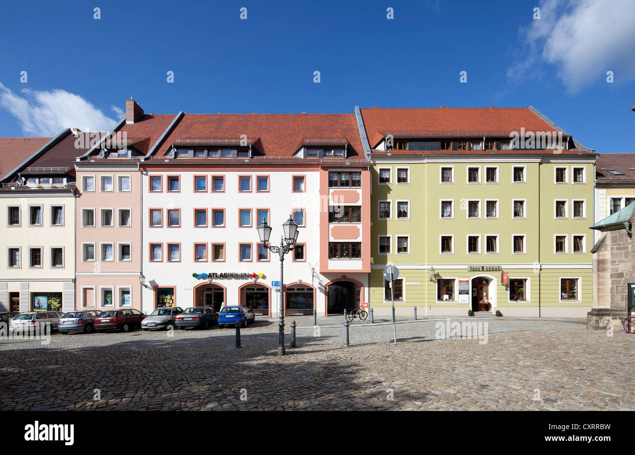 Historische Wohn- und Geschäftshäusern, am Fleischmarkt Quadrat, Bautzen, Budysin, Lusatia, Oberlausitz, Sachsen Stockfoto
