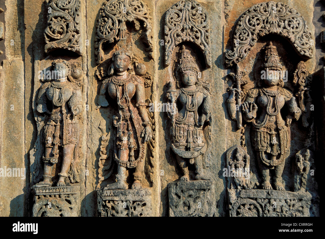 Statuen von Gottheiten, Reliefs an der Außenwand, Chennakesava Bügel, Hoysala Stil, Belur, Karnataka, Südindien, Indien Stockfoto