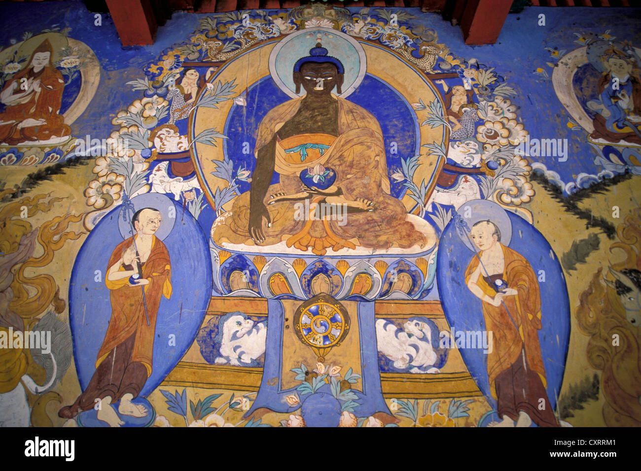 Darstellung eines dunkelhäutigen Buddha, Wandmalerei, Kloster Tikse, Ladakh, indischen Himalaya, Nordindien, Indien, Asien Stockfoto