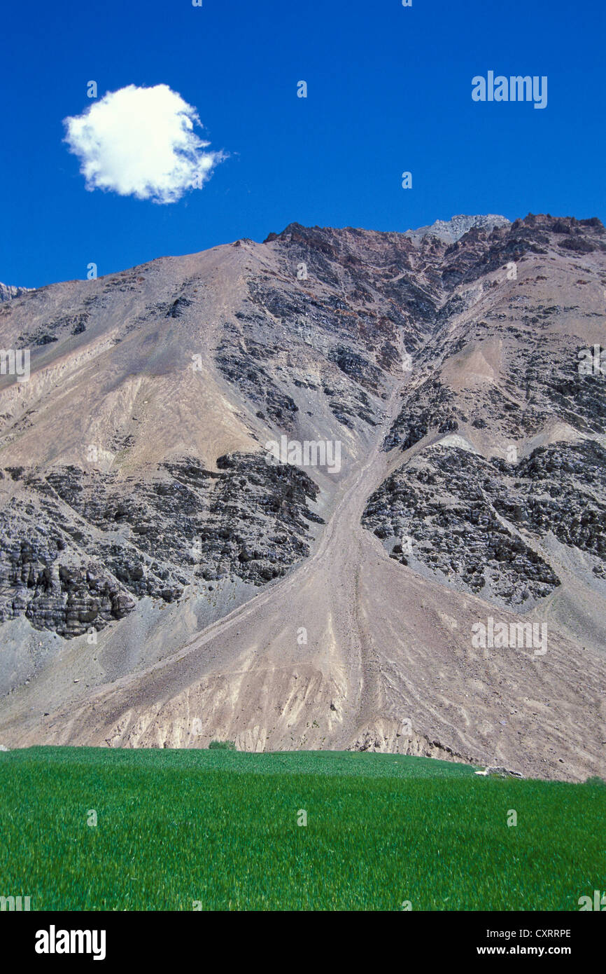 Wolken, robuste Berghang und Felder, in der Nähe von Tetha, Zanskar, Ladakh, Jammu und Kaschmir, Nordindien, Indien, indischen Himalaya Stockfoto