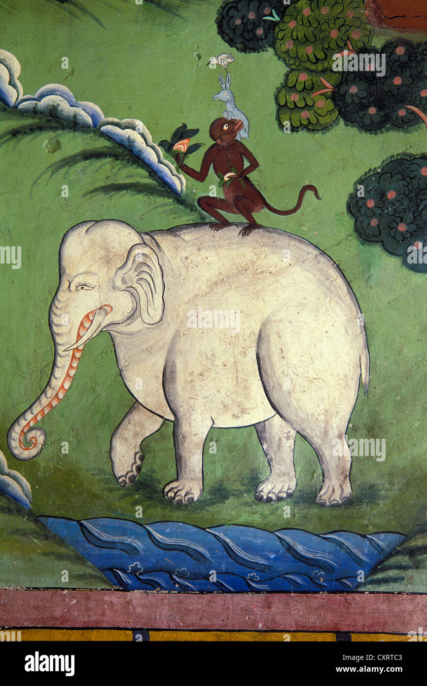 Affe sitzt auf einem weißen Elefanten, Wandmalerei oder unter freiem Himmel, Likir Kloster, Ladakh, Jammu und Kaschmir, Nord-Indien, Indien Stockfoto