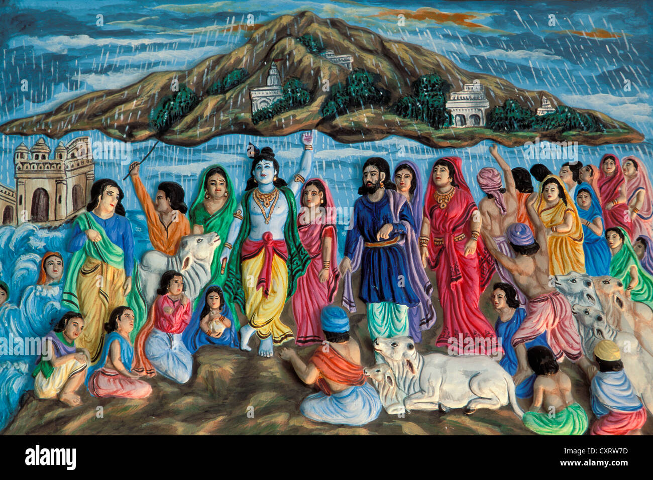 Relief, Krishna heben Govardhan Berg, Orchha, Madhya Pradesh, Nordindien, Indien, Asien Stockfoto