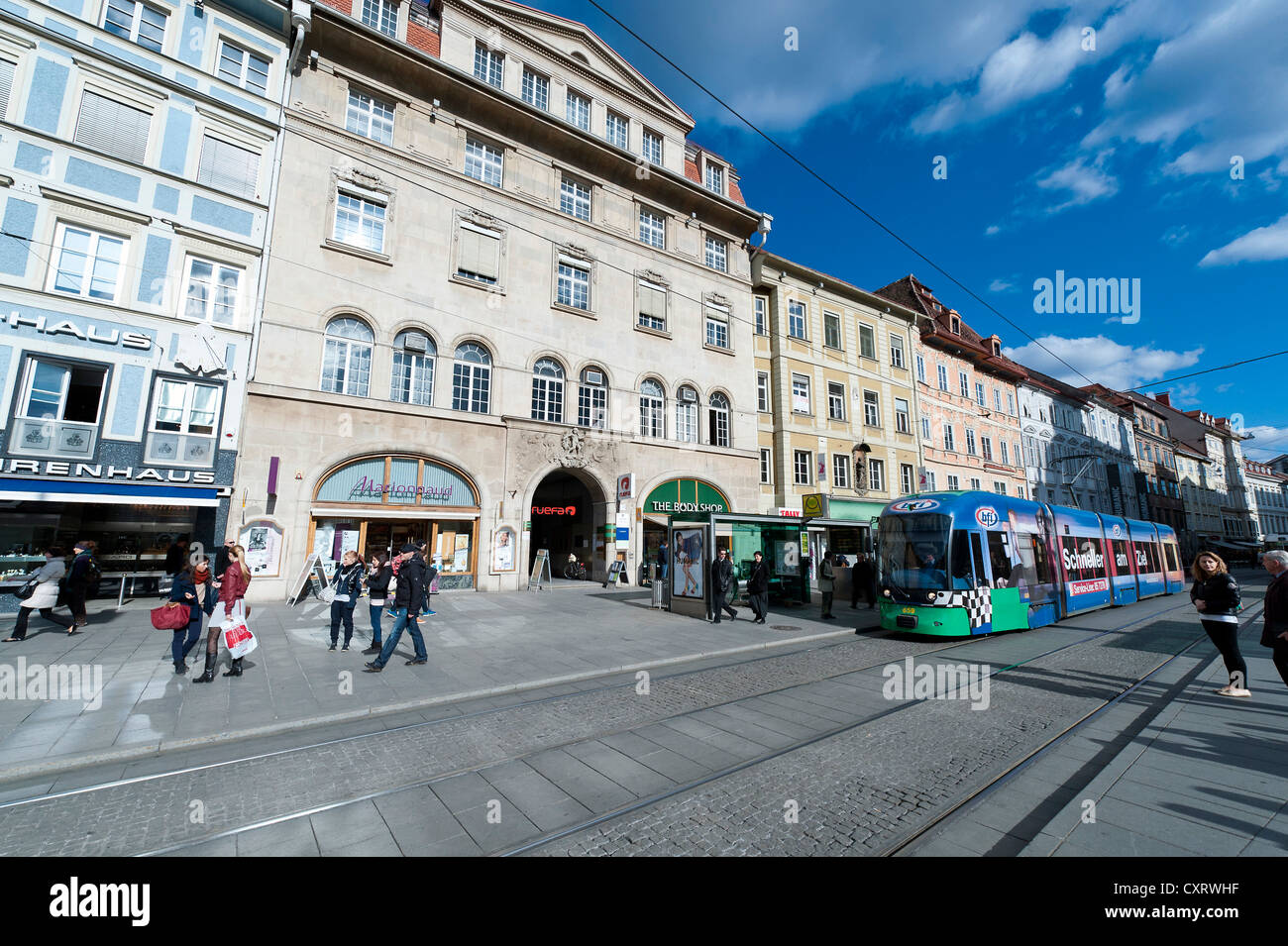 Straßenbahn, alte Häuser, Herrengasse Straße, quadratische Hauptplatz, Graz, Steiermark, Österreich, Europa Stockfoto