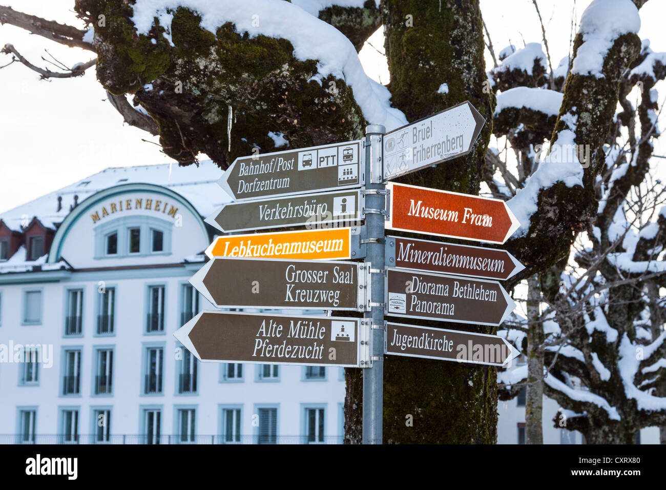 Wegweiser, Einsiedeln, Kanton Schwyz, Schweiz, Europa Stockfoto