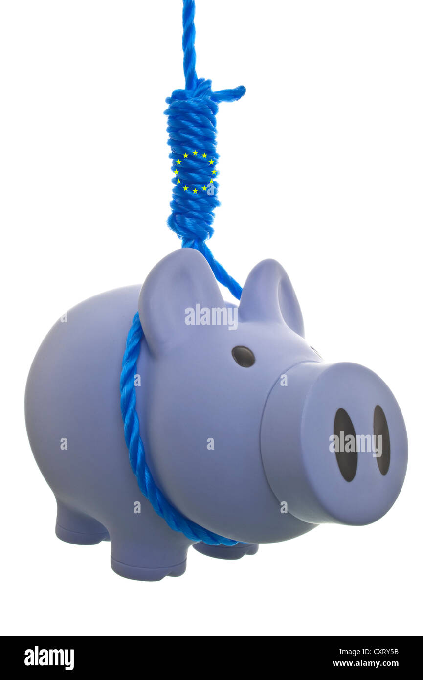 Sparschwein mit einer Schlinge und EU-stars, symbolisches Bild für strenge Diktat aus Brüssel Stockfoto